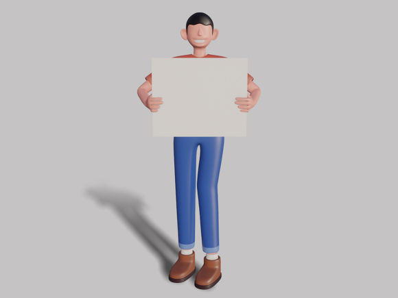 3d Male Character Holding a Plain Board