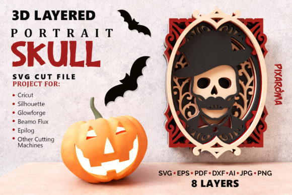 Skull Portrait 3D Layered SVG Cut File